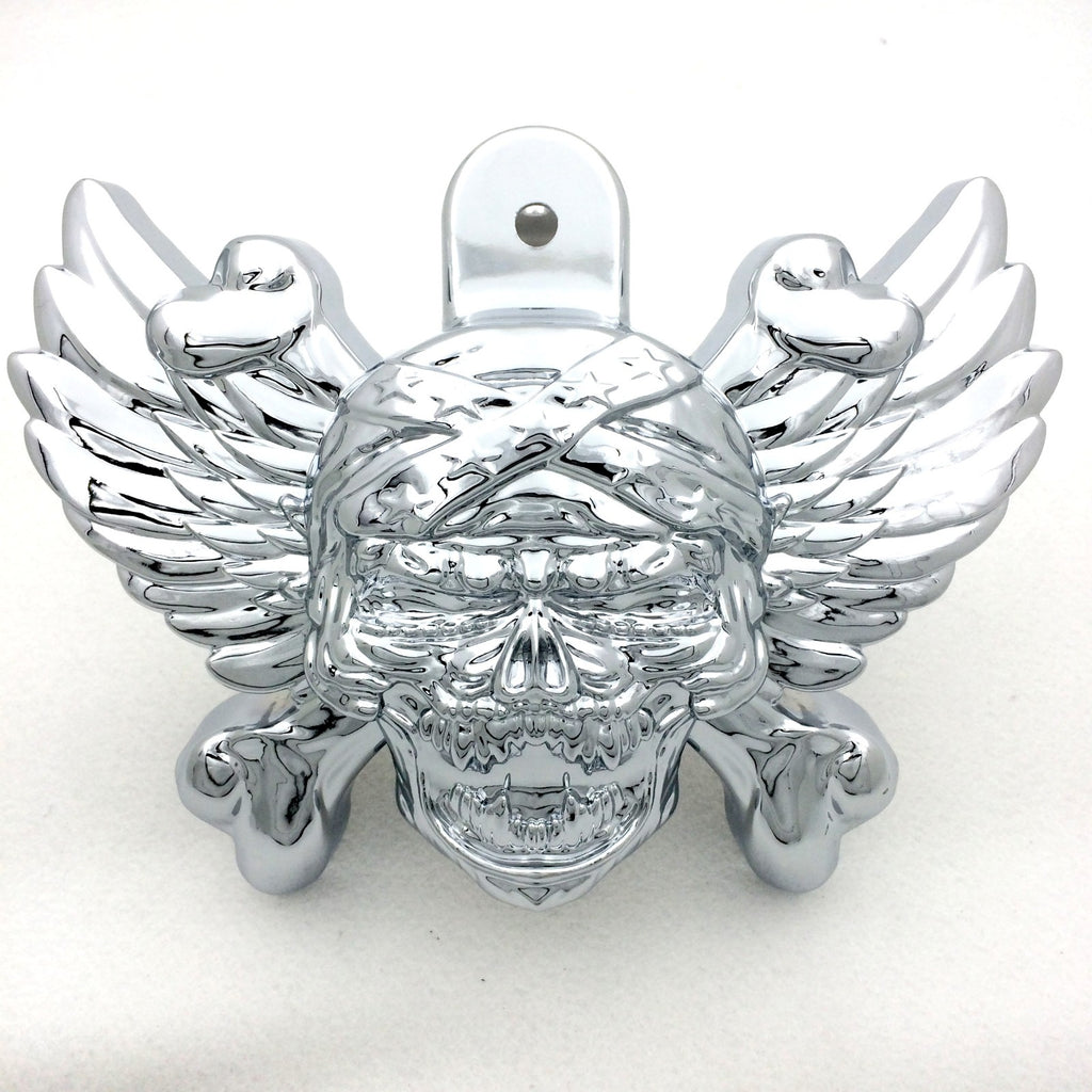 HTT Motorcycle Chrome Skull Zombie with Wing Cross Bone Horn Cover For 1992-2005 2006 2007 2008 2009 2010 2011 2012 2013 2014 2015 Harley Davidson with Side Mount "Cowbell" and all V-rod's