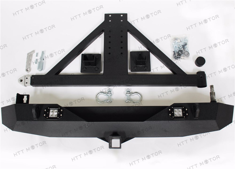 HTTMT- For 07-16 Jeep Wrangler JK Rock Crawler Rear Bumper W/2 LED Lights &Tire Carrier