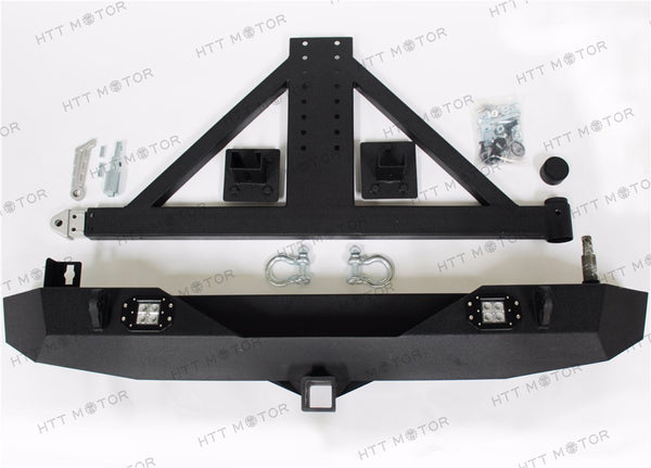 HTTMT- For 07-16 Jeep Wrangler JK Rock Crawler Rear Bumper W/2 LED Lights &Tire Carrier