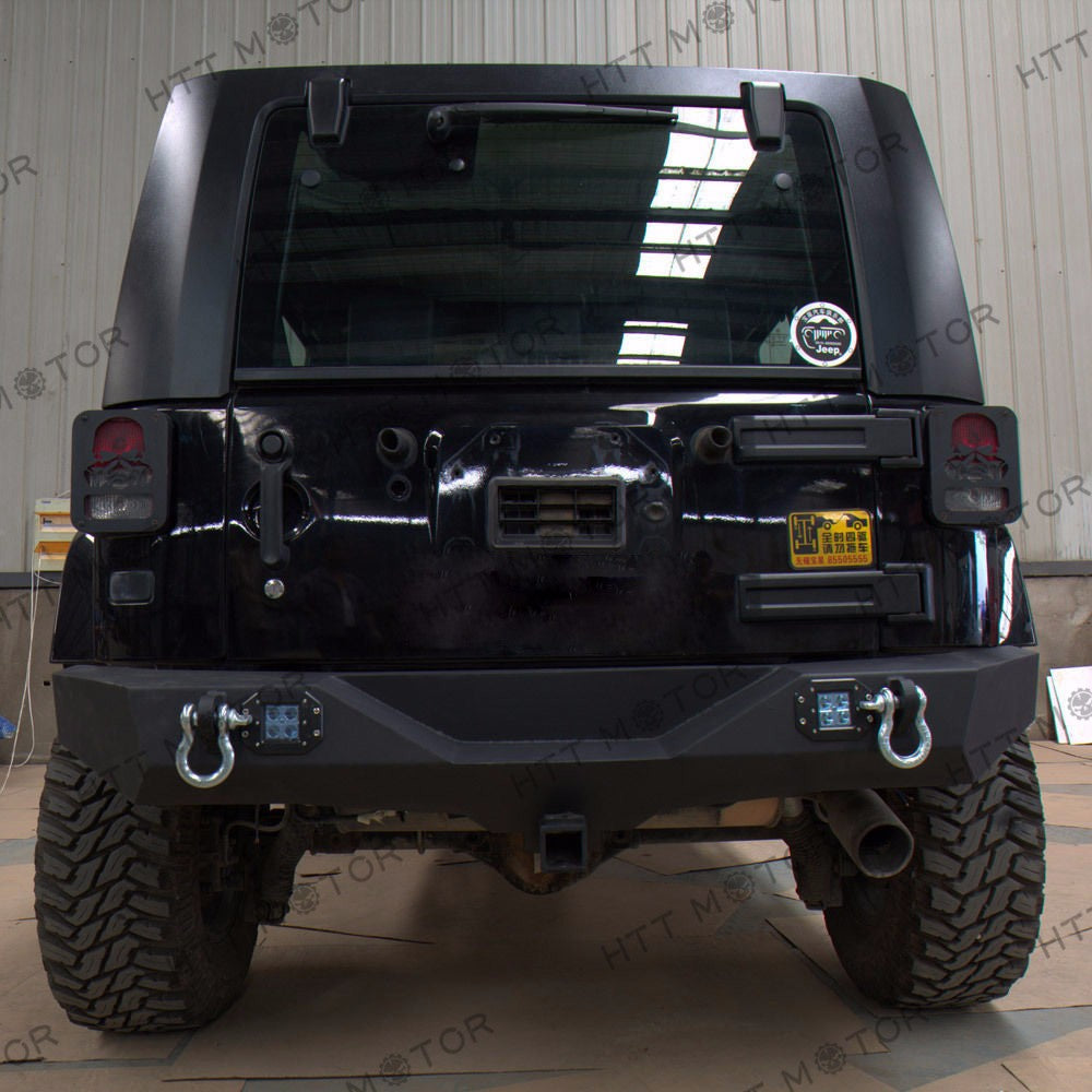 HTTMT- For 07-17 Jeep Wrangler JK Rock Crawler Rear Bumper+D-Ring+ LED Work Light BLK