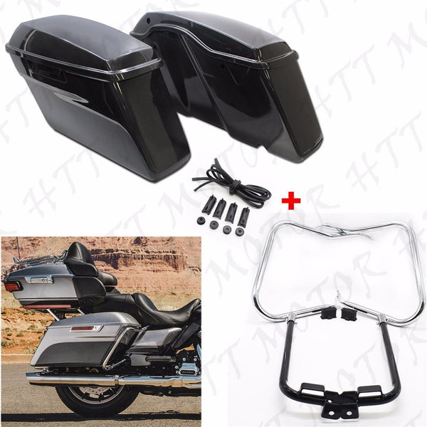 Unpainted Saddlebags w/ Chrome Bracket Guard Bars For 2014-later Harley Touring - HTT Motor