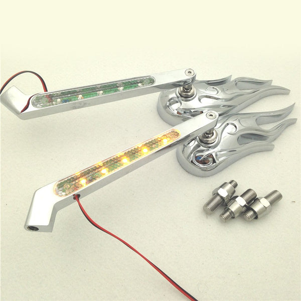 HTT Motorcycle Custom Chromed Flame Shape LED Turn Signal Integrate Mirrors Fit all Harley-Davidson Models Softail Fat Boy Road King Dyna Wide Glide Springer Sportster XL any Custom Application