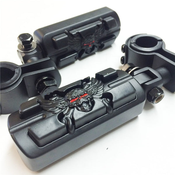 HTT Wing Skull Zombie 1" 1-1/4" Highway Stiletto 4475 Foot Pegs Clamps For Honda GoldWing GL1800 1500 1100 1200 Black Body Black Rubber