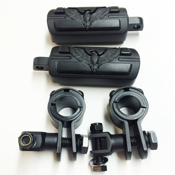 HTT Eagle Hawk Shape 1" 1-1/4" Highway Stiletto 4475 Foot Pegs Clamps For Honda GoldWing GL1800 1500 1100 1200 Black Body Black Rubber