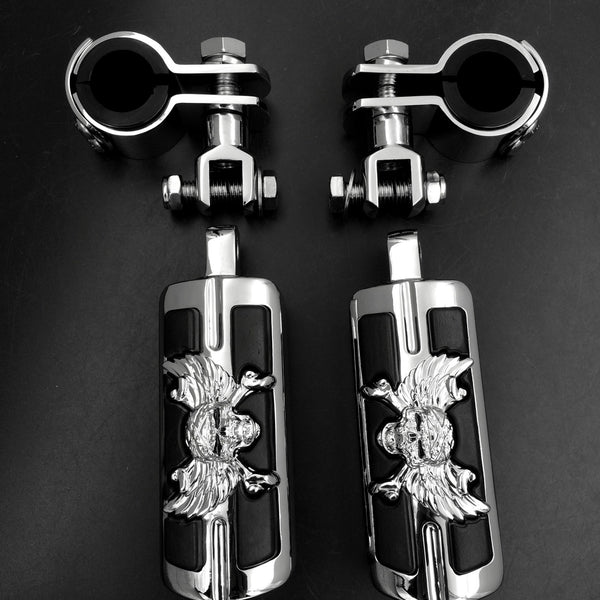 Wing Skull Zombie 1" 1-1/4" Highway Stiletto 4475 Foot Pegs Clamps For Honda GoldWing GL1800 1500 1100 1200 Chrome Body Black Rubber