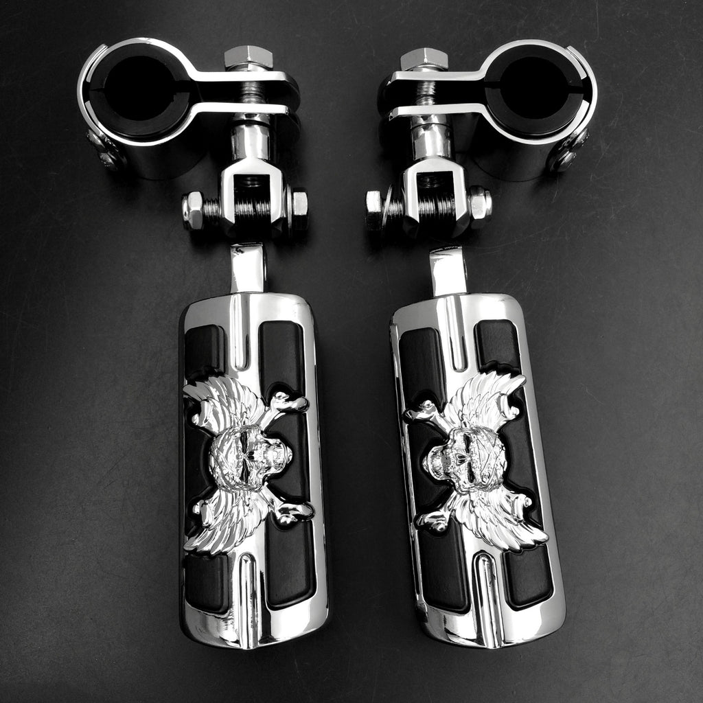 Wing Skull Zombie 1" 1-1/4" Highway Radical Stiletto 4475 Foot Pegs Clamps For Harley Sportster Chrome Body Black Rubber