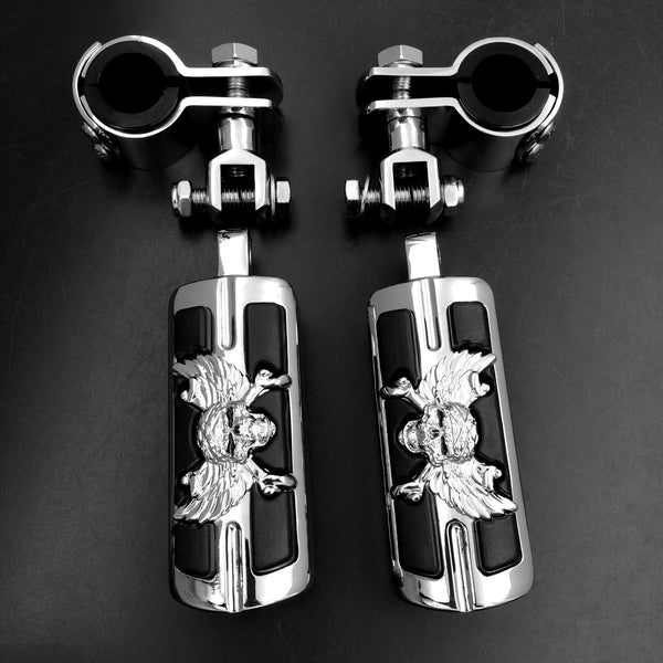 Wing Skull Zombie 1" 1-1/4" Highway Radical Stiletto 4475 Foot Pegs Clamps For Harley Sportster Chrome Body Black Rubber