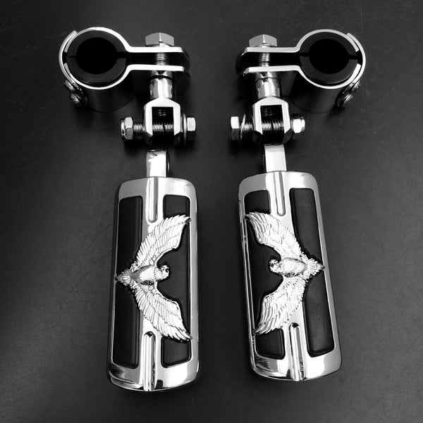 Eagle Hawk Shape 1" 1-1/4" Highway Radical Stiletto 4475 Foot Pegs Clamps For Harley Sportster Chrome Body Black Rubber