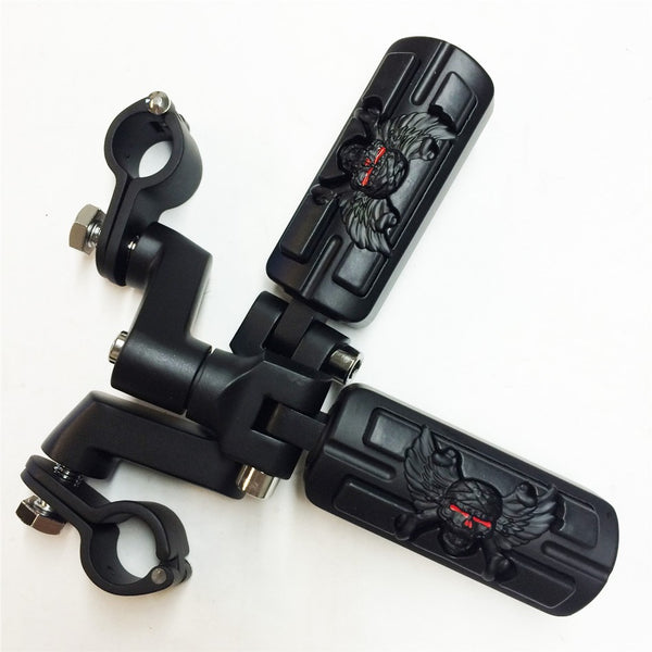 HTT Wing Skull Zombie Shape Front 1" Highway Radical Stiletto 4475 Foot Pegs Clamps For Honda GoldWing GL Black Body Black Rubber