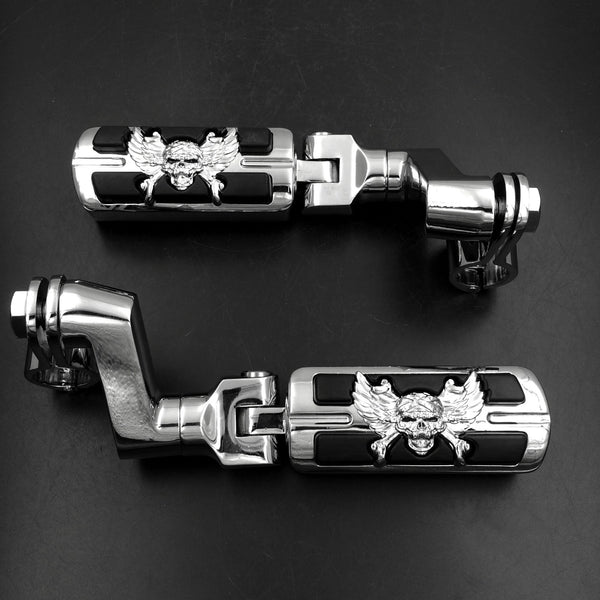 Wing Skull Zombie Shape 1.5" 1 1/2 "Highway Radical Stiletto 4475 Foot Pegs Clamps For Harley Sportster Touring Chrome Body Black Rubber