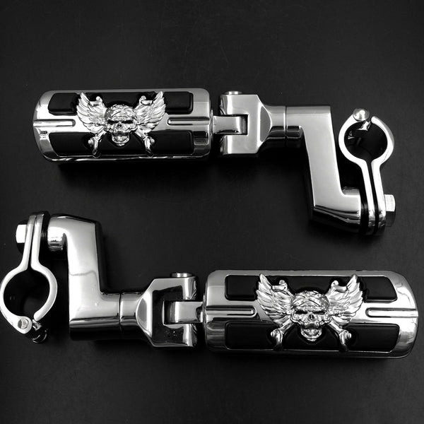 Wing Skull Zombie Shape 1" ENGINE GUARDS Stiletto 4475 Foot Pegs Clamps For Harley Sportster Touring Chrome Body Black Rubber
