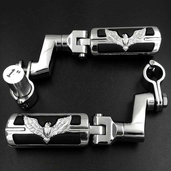 Eagle Hawk Shape Front Rider 1" Stiletto 4475 Foot Peg Clamps For Honda Shadow ACE Magna Valkyrie Chrome Body Black Rubber