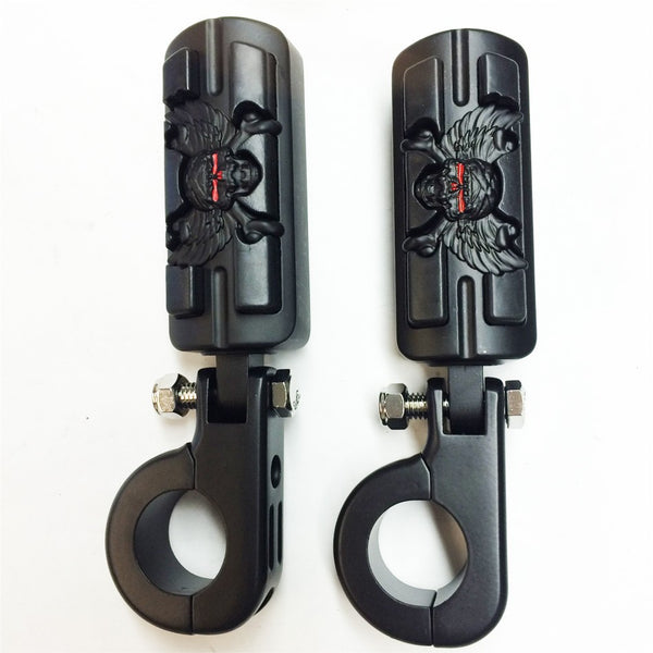 HTT Wing Skull Zombie Shape Rider 1 1/4" Stiletto 4475 Foot Peg P-Clamps For Honda Shadow ACE Magna Valkyrie Black Body Black Rubber