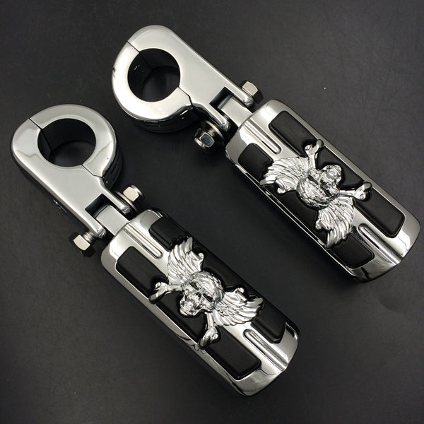 Wing Skull Zombie Shape Rider 1 1/4" Stiletto 4475 Foot Peg P-Clamps For Honda Shadow ACE Magna Valkyrie Chrome Body Black Rubber