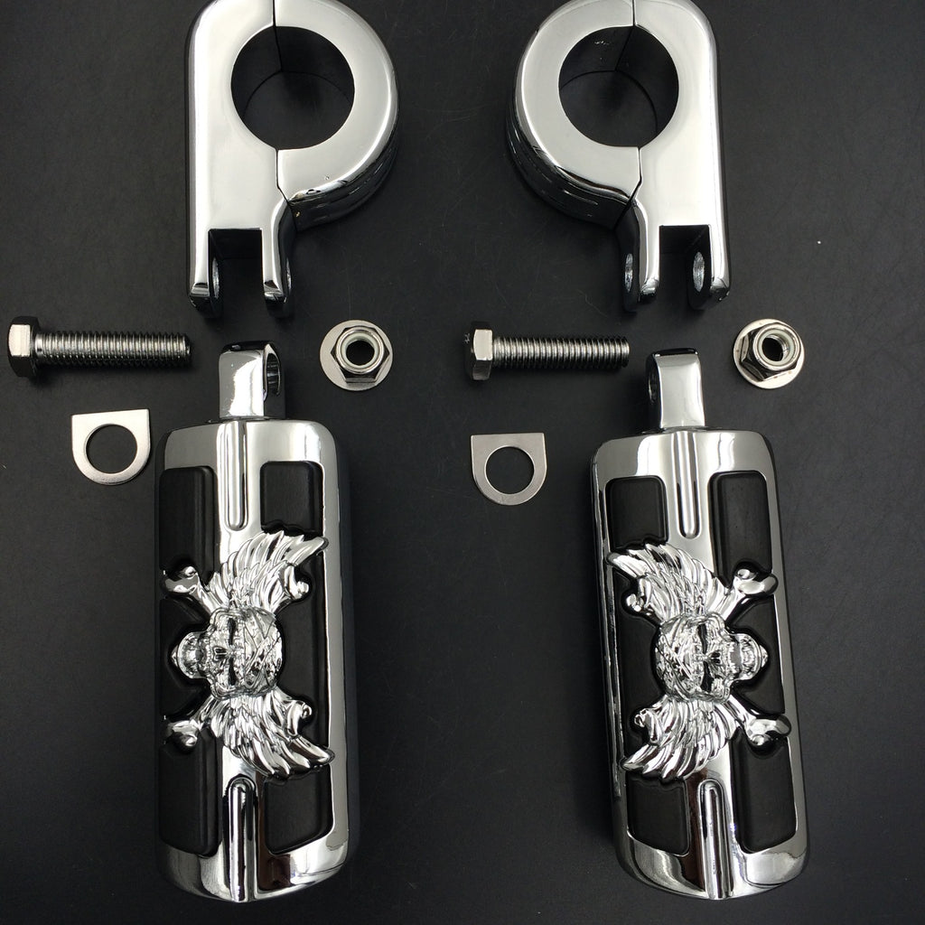 Wing Skull Zombie Shape 1 1/4" Highway Stiletto 4475 Foot Pegs P-Clamps For Harley Sportster Touring Chrome Body Black Rubber
