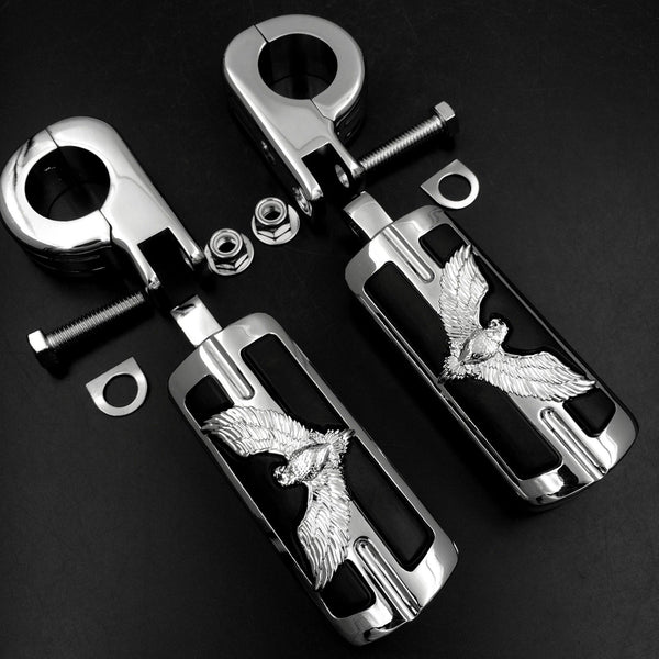 Eagle Hawk Shape Rider 1 1/4" Stiletto 4475 Foot Peg P-Clamps For Honda Shadow ACE Magna Valkyrie Chrome Body Black Rubber