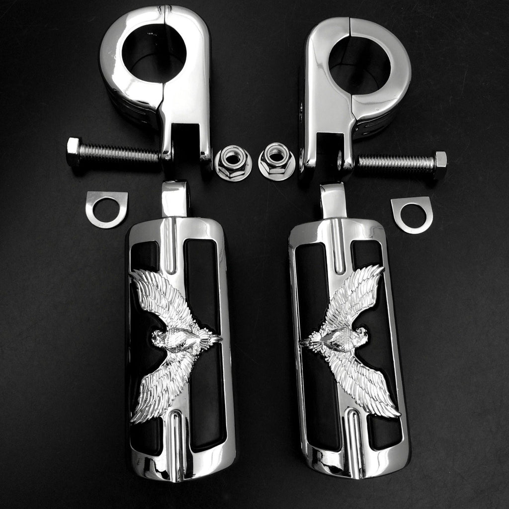 Eagle Hawk Shape 1 1/4" Highway Stiletto 4475 Foot Pegs P-Clamps For Harley Sportster Touring Chrome Body Black Rubber