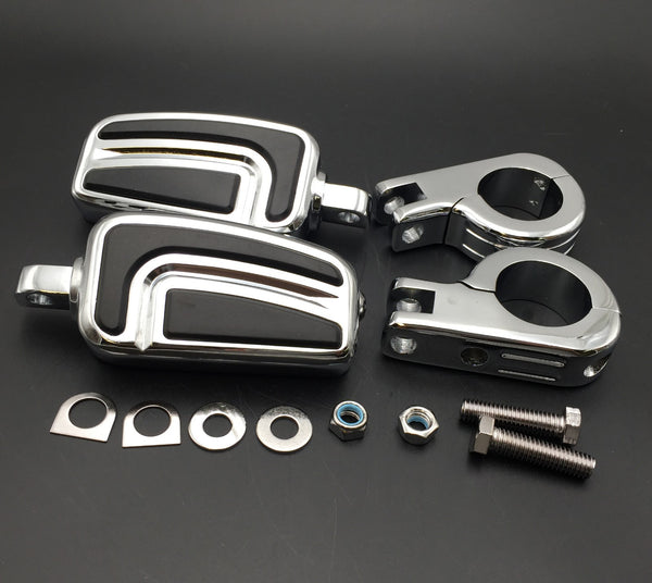 HTT Motorcycle Chrome AirFlow Arrow Foot Rest Foot Pegs with 1 1/2" 1.5 inch Mounting Bracket For Harley Davidson Softail Dyna Glide Road King Sportster 883 1200 CVO Street Glide Fat Boy Iron