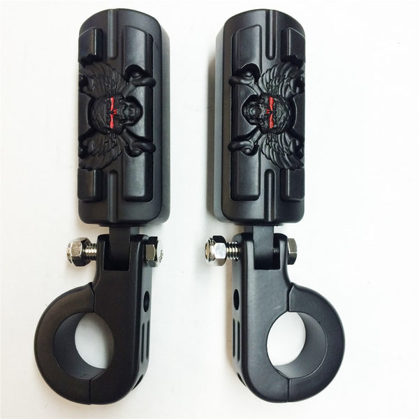 HTT Wing Skull Zombie Shape Rider 1 1/2" Stiletto 4475 Foot Peg P-Clamps For Honda Shadow ACE Magna Valkyrie Black Body Black Rubber