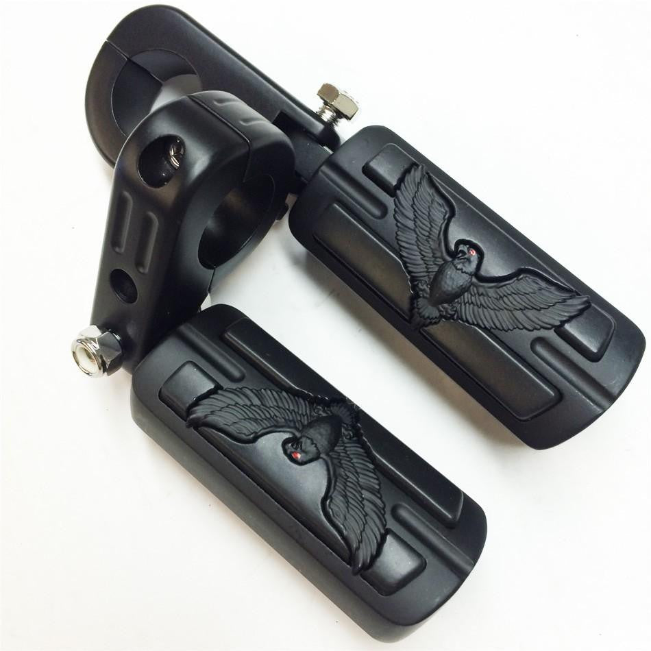 HTT Eagle Hawk Shape Front 1 1/2" Highway Stiletto 4475 Foot Pegs P-Clamps For Honda GoldWing GL Black Body Black Rubber