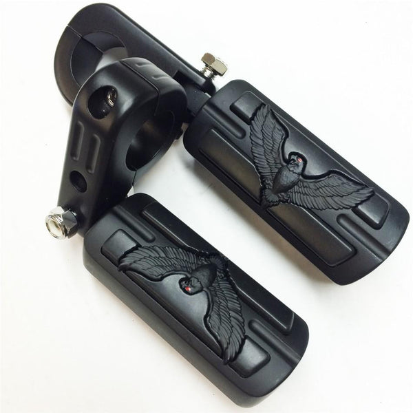 HTT Eagle Hawk Shape Front 1 1/2" Highway Stiletto 4475 Foot Pegs P-Clamps For Honda GoldWing GL Black Body Black Rubber