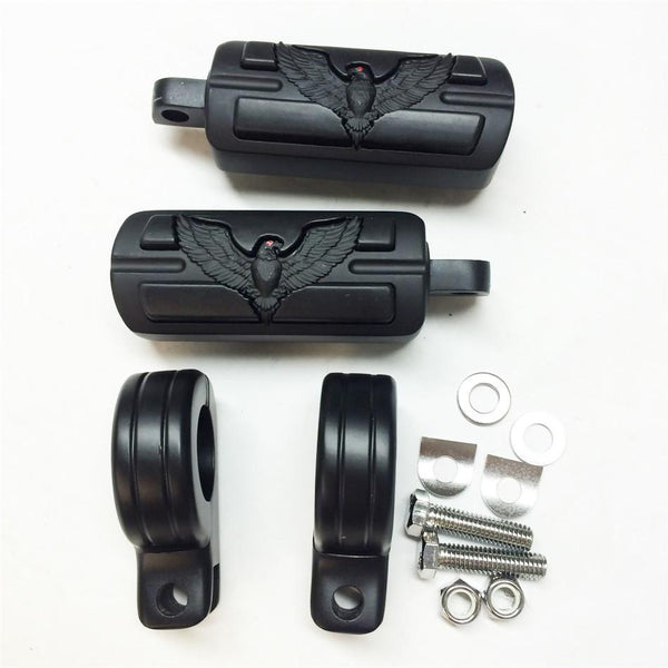 HTT Eagle Hawk Shape 1 1/2" Highway Stiletto 4475 Foot Pegs P-Clamps For Harley Sportster Touring Black Body Black Rubber