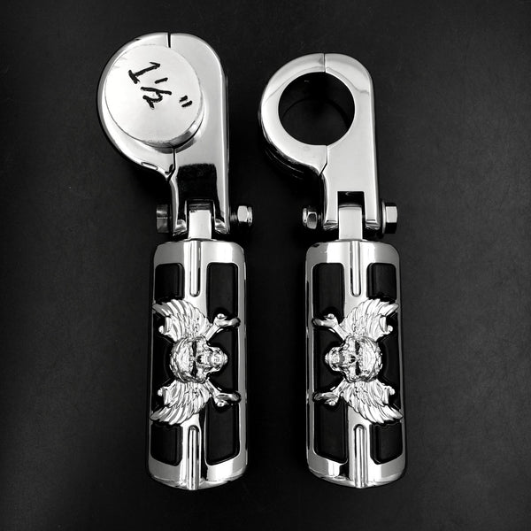 Wing Skull Zombie Shape Front 1 1/2" Highway Stiletto 4475 Foot Pegs P-Clamps For Honda GoldWing GL Chrome Body Black Rubber
