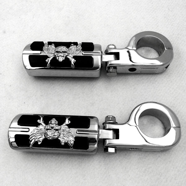 Wing Skull Zombie Shape Rider 1 1/2" Stiletto 4475 Foot Peg P-Clamps For Honda Shadow ACE Magna Valkyrie Chrome Body Black Rubber