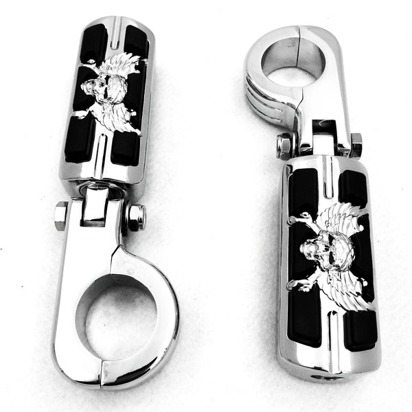 Wing Skull Zombie Shape 1 1/2" Highway Stiletto 4475 Foot Pegs P-Clamps For Harley Sportster Touring Chrome Body Black Rubber