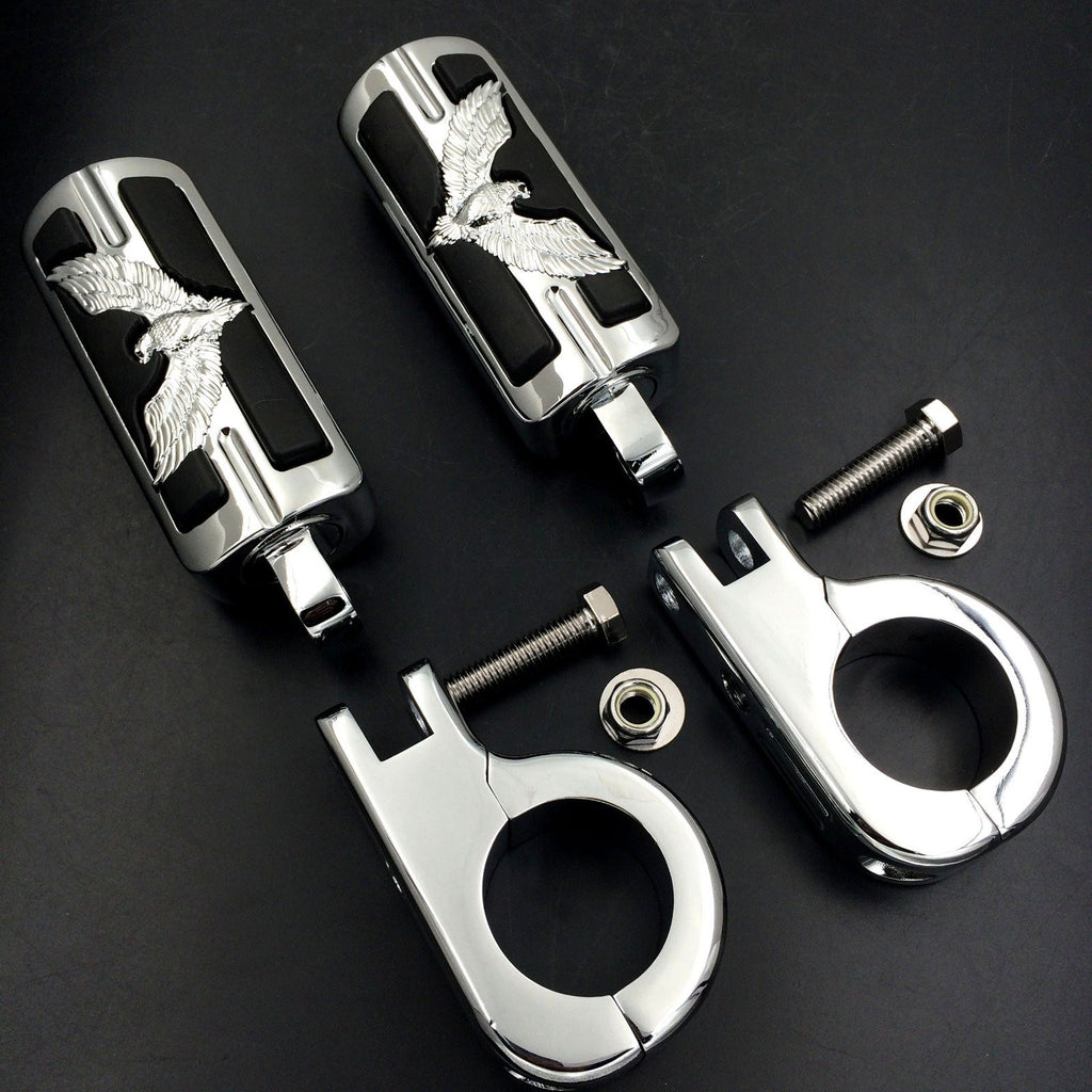 Eagle Hawk Shape 1 1/2" Highway Stiletto 4475 Foot Pegs P-Clamps For Harley Sportster Touring Chrome Body Black Rubber