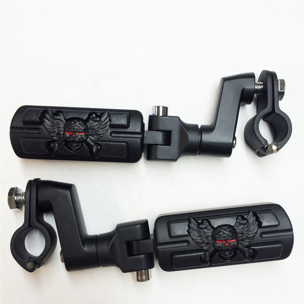 HTT Wing Skull Zombie Shape Front Rider 1 1/4" Stiletto 4475 Foot Peg Clamps For Honda Shadow ACE Magna Valkyrie Black Body Black Rubber