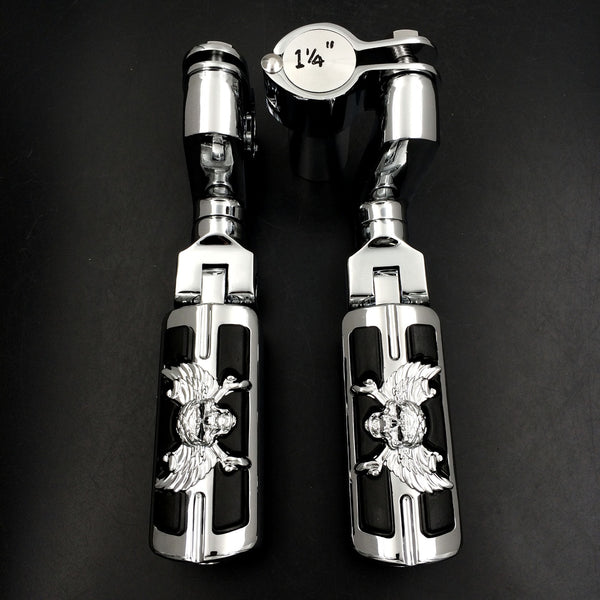 Wing Skull Zombie Shape Front 1 1/4" Highway Radical Stiletto 4475 Foot Pegs Clamps For Honda GoldWing GL Chrome Body Black Rubber