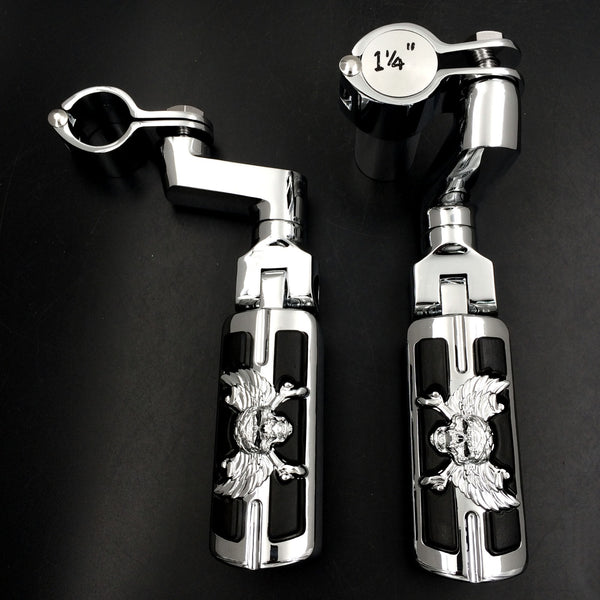 Wing Skull Zombie Shape Front Rider 1 1/4" Stiletto 4475 Foot Peg Clamps For Honda Shadow ACE Magna Valkyrie Chrome Body Black Rubber