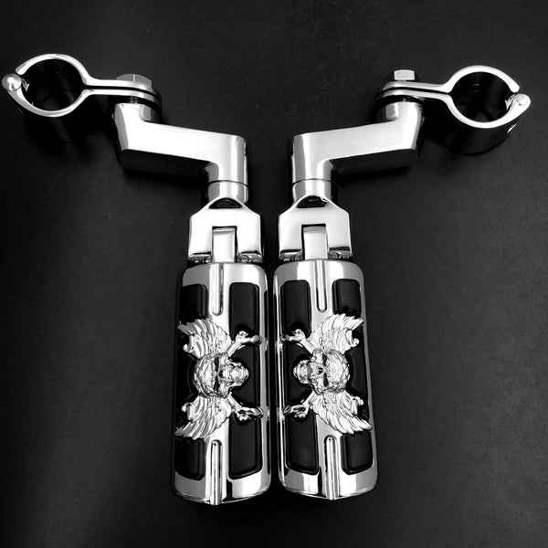 Wing Skull Zombie Shape Front 1.5" 1 1/2 " Highway Radical Stiletto 4475 Foot Pegs Clamps For Honda GoldWing GL Chrome Body Black Rubber