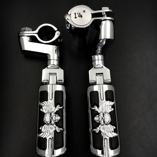 Wing Skull Zombie Shape 1 1/4" Highway Radical Stiletto 4475 Foot Pegs Clamps For Harley Sportster Touring Chrome Body Black Rubber