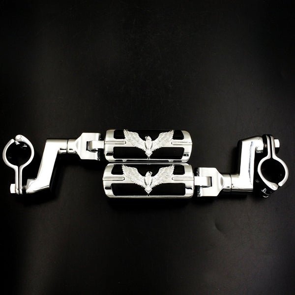Eagle Hawk Shape Front 1.5" 1 1/2 " Highway Radical Stiletto 4475 Foot Pegs Clamps For Honda GoldWing GL Chrome Body Black Rubber