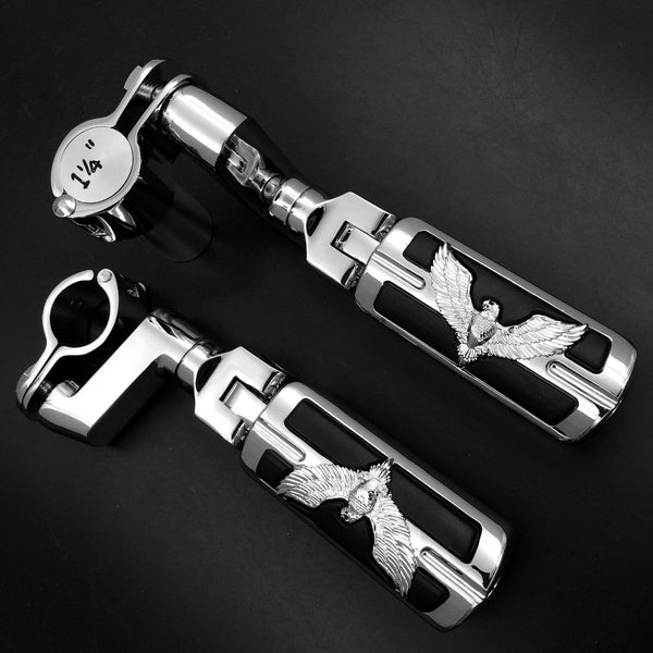 Eagle Hawk Shape Front 1 1/4" Highway Radical Stiletto 4475 Foot Pegs Clamps For Honda GoldWing GL Chrome Body Black Rubber