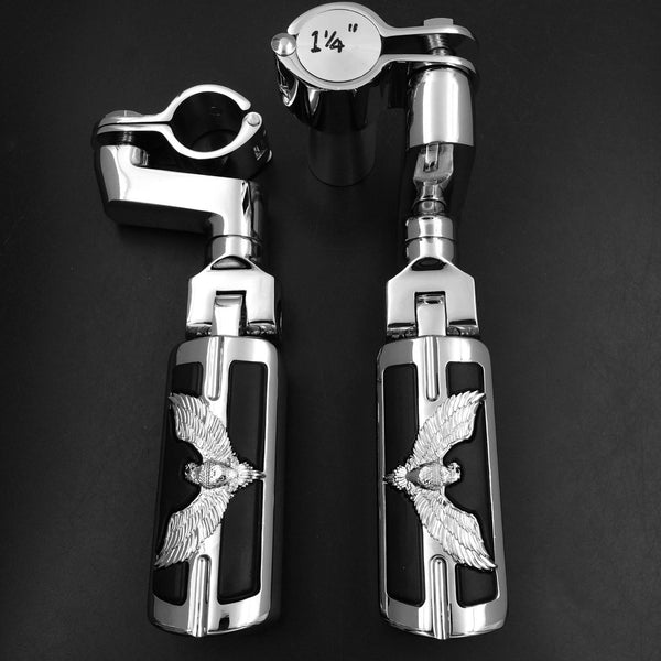 Eagle Hawk Shape 1 1/4" Highway Radical Stiletto 4475 Foot Pegs Clamps For Harley Sportster Touring Chrome Body Black Rubber