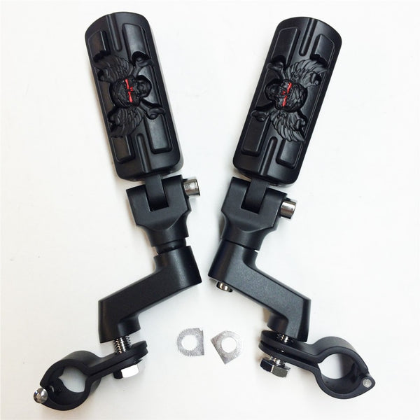 HTT Wing Skull Zombie Shape Front Rider 1.5" 1 1/2 " Stiletto 4475 Foot Peg Clamps For Honda Shadow ACE Magna Valkyrie Black Body Black Rubber