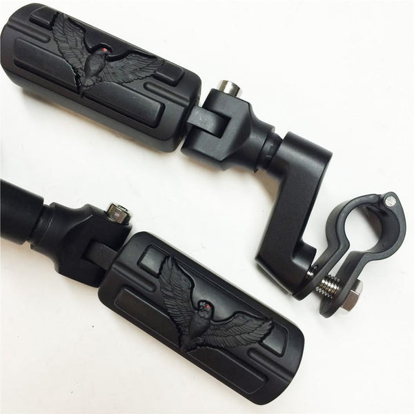 HTT Eagle Hawk Shape Front 1.5" 1 1/2 " Highway Radical Stiletto 4475 Foot Pegs Clamps For Honda GoldWing GL Black Body Black Rubber