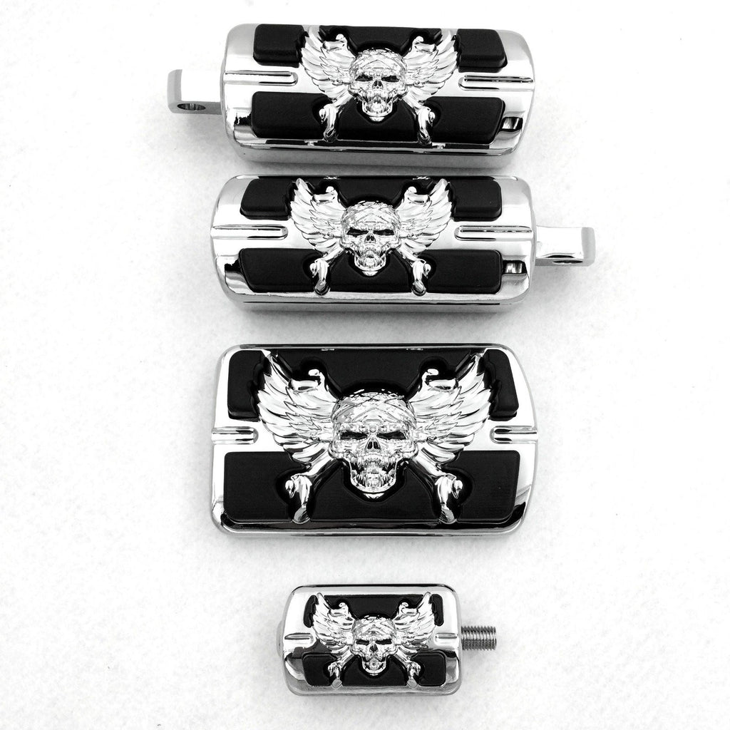 Chrome Wing Skull Zombie Emblem With Black Eye Series Foot Pegs Fit For Harley See description for fitment detail