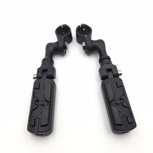 HTT Motorcycle Black Short Adjustable Peg Mounting Kit Eagle Hawk Style Foot Peg Footrest For Harley Sportster 883 1200 Street Bob Softail CVO with 1 1/4 inch (1.25")Front Engine Guard