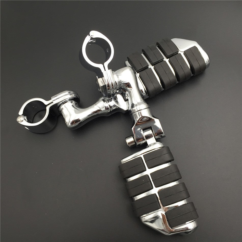 HTT Motorcycle Chrome Short Angled Adjustable P-Clamps Large Footpeg Footrest For Yamaha V-STAR Roadstar Suzuki Boulevard Equipped with 1 inch (1") 25mm Front Engine Guard Frame Tube