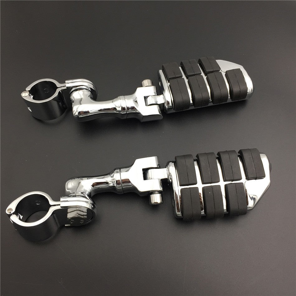 HTT Motorcycle Chrome Short Angled Adjustable Dually Highway P-Clamps Large Footpeg Footrest For Harley Davidson Sportster 883 1200 Street Bob Softail CVO 1-1/4 inch (1.25") Front Engine Guard