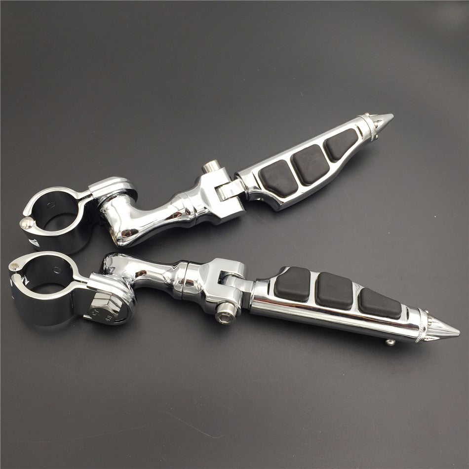 HTT Motorcycle Chrome Short Angled Adjustable Peg Mounting Kit Stiletto Shape Foot Peg For Honda GoldWing VTX1300 Shadow Valkyrie Triumph Rocket with (1") 25mm Front Engine Guard Frame Tube
