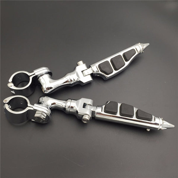 HTT Motorcycle Chrome Short Angled Adjustable Peg Mounting Kit Stiletto Shape Foot Peg For Honda GoldWing VTX1300 Shadow Valkyrie Triumph Rocket with (1") 25mm Front Engine Guard Frame Tube