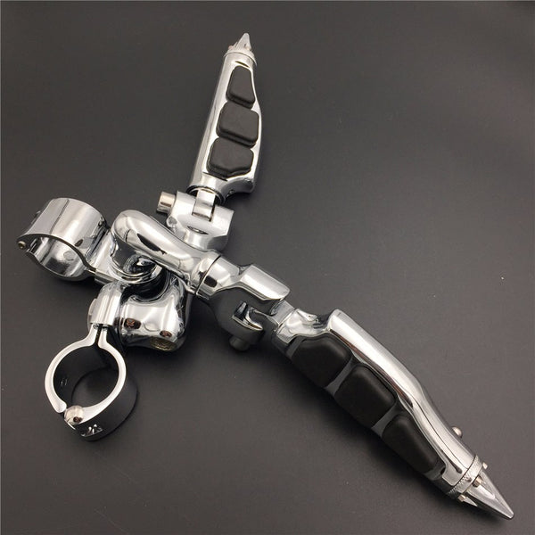 HTT Motorcycle Chrome Short Angled Adjustable Peg Mounting Kit Stiletto Shape Foot Peg Footrest For Harley Sportster 883 1200 Street Bob Softail CVO with 1 inch (1") 25mm Front Engine Guard