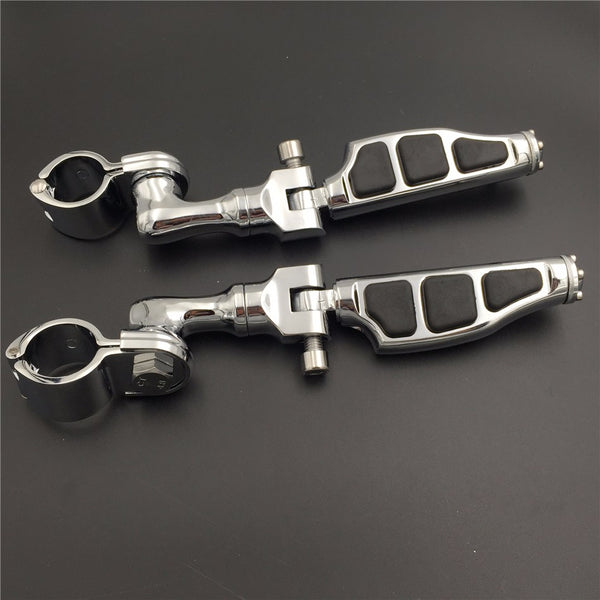 HTT Motorcycle Chrome Short Angled Adjustable Peg Mounting Kit Flat End Foot Peg For Honda GoldWing VTX1300 Shadow Valkyrie Triumph Rocket with 1 inch 25mm Front Engine Guard Frame Tube