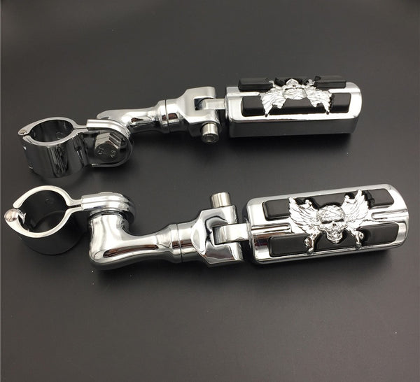 HTT Motorcycle Chrome Short Angled Adjustable Peg Mounting Kit Zombie Foot Peg For Honda GoldWing VTX1300 Shadow Valkyrie Triumph Equipped with 1 inch (1") 25mm Front Engine Guard Frame Tube