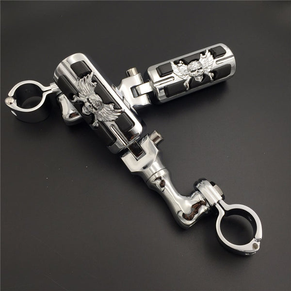 HTT Motorcycle Chrome Short Peg Mounting Kit with Zombie Sull Foot Peg For Bike Equipped with 1 inch (1") 25mm Front Engine Guard Frame Tube Iron 883 XL883N Electra Glide Ultra Road King FLHR